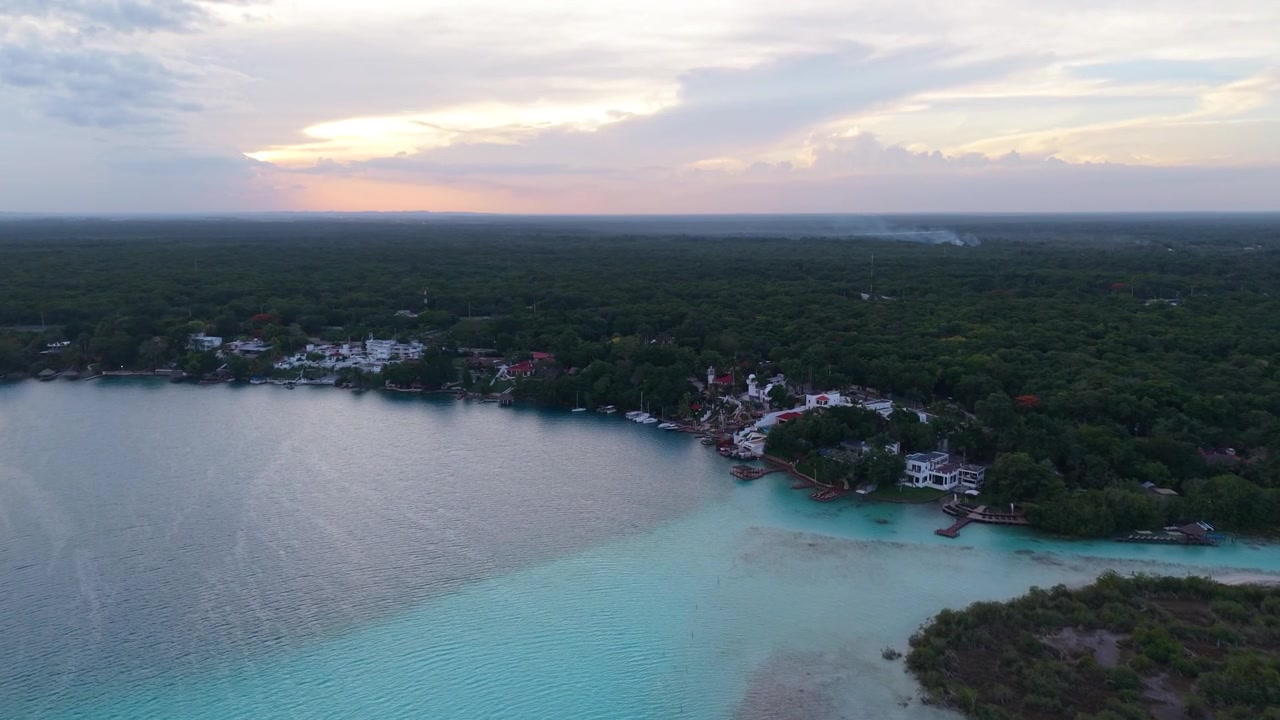 Sunset light illuminates dense green coastal trees bordering a vast aquatic expanse.