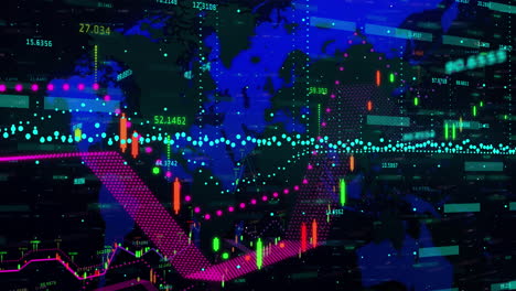 animación del procesamiento de datos financieros sobre el mapa del mundo