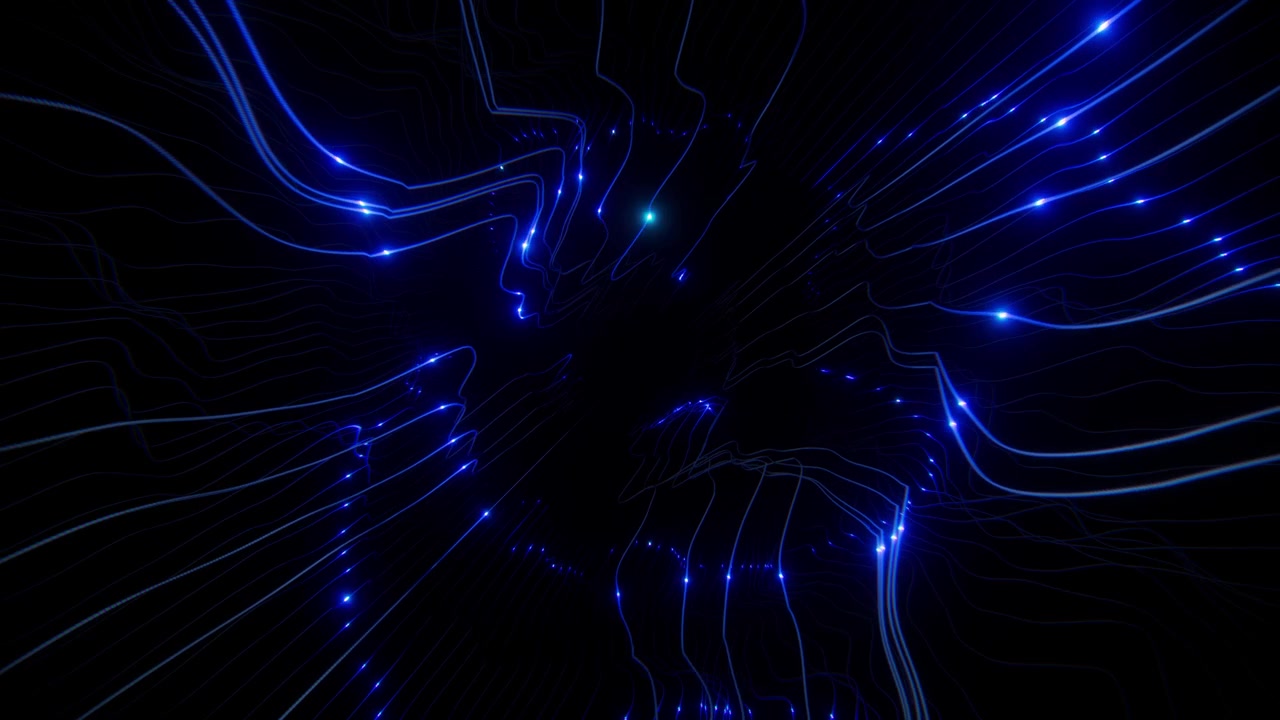 Abstract blue glowing energy lines streaming through dark space