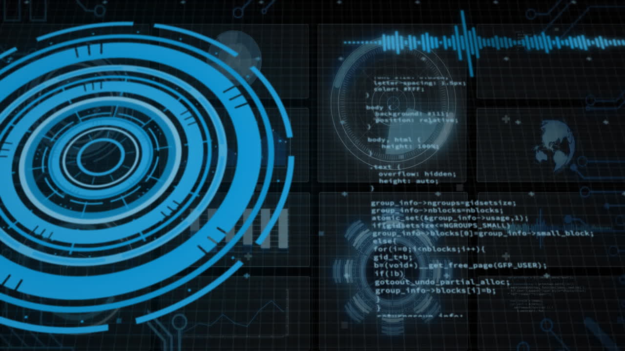 animación de la interfaz con escáner redondo y procesamiento de datos contra un fondo negro