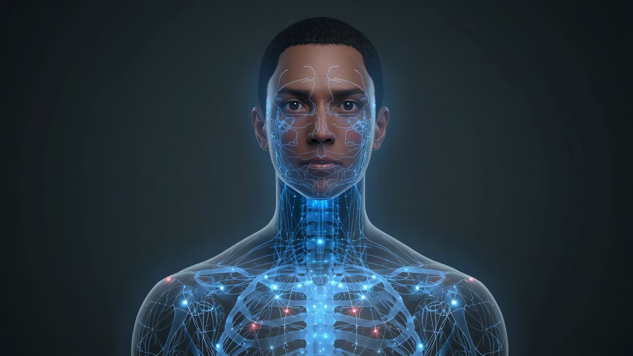 Marking frame bust displaying glowing network tracing torso pulsing blinking settling in simulation