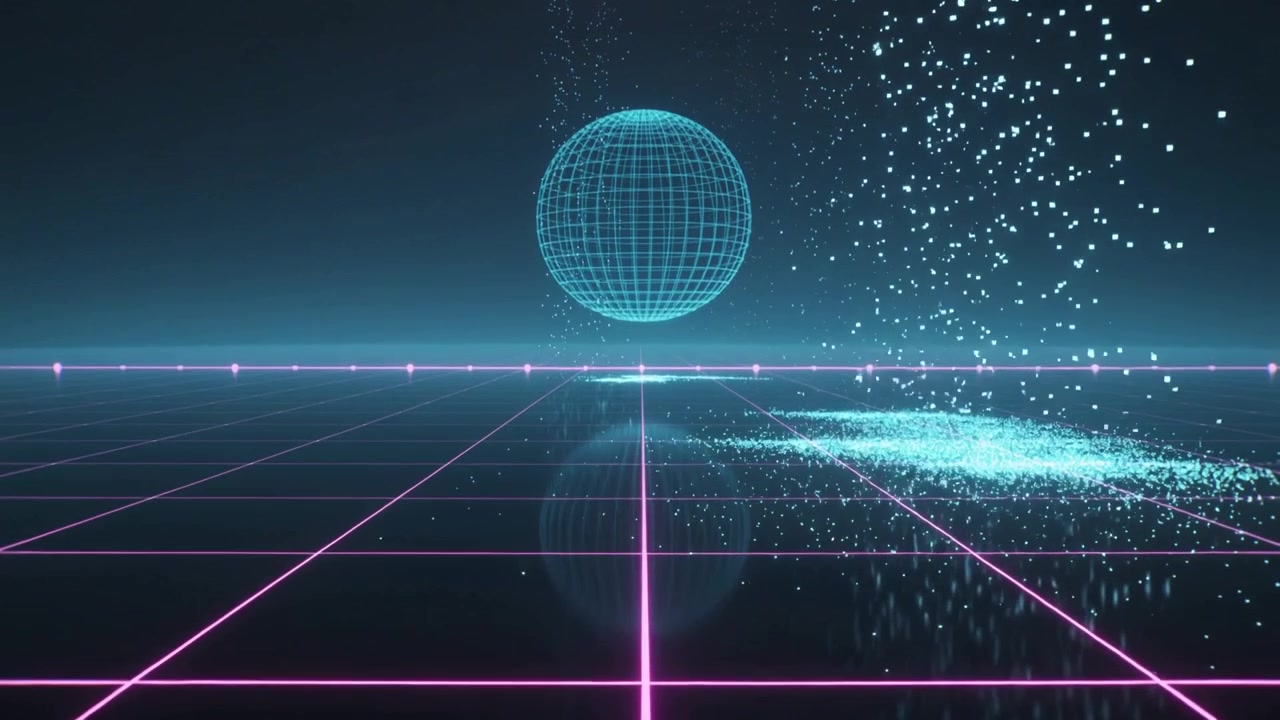 Un gruppo di particelle ciano che appare e sale verso destra, causando una sfera wireframe sospesa che svanisce su una griglia al neon.