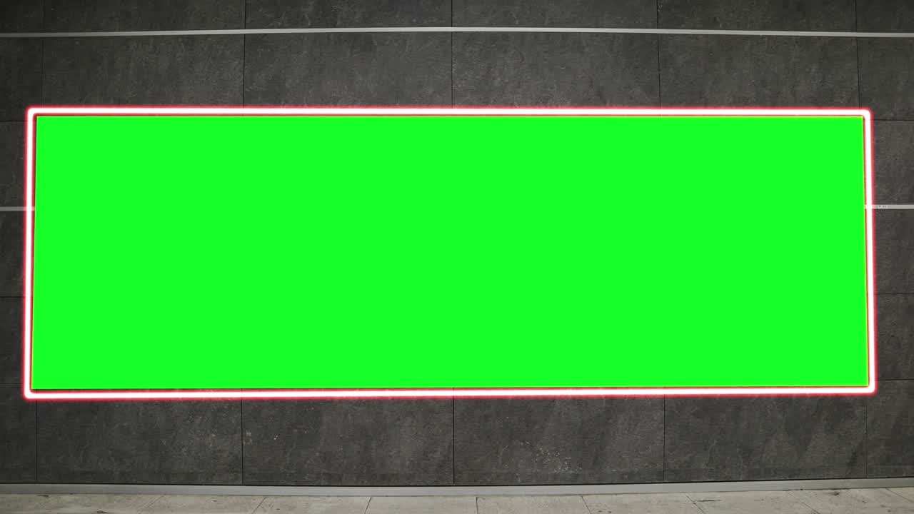 Empty blank widescreen billboard with green screen, alpha channel. Chroma key frame on airport hall, big banner for marketing.