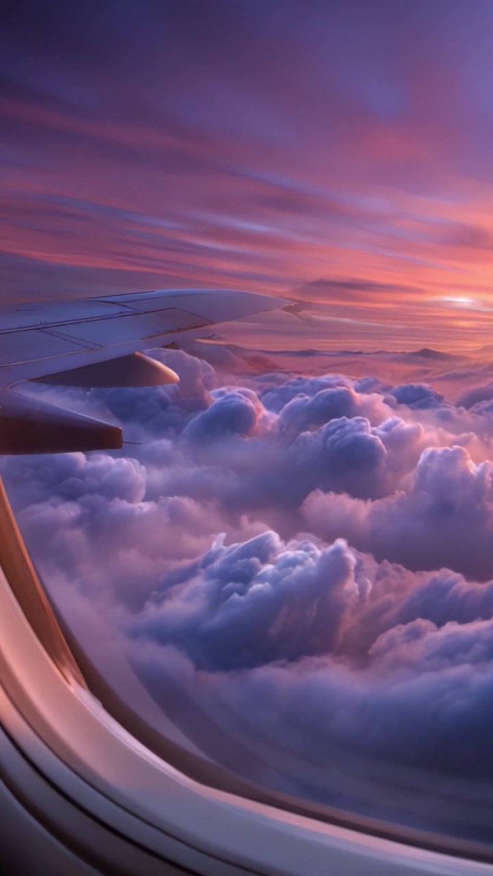 Vista mozzafiato da un finestrino dell'aereo durante il tramonto, che mostra i colori vivaci del cielo e nuvole gonfie in un affascinante paesaggio aereo
