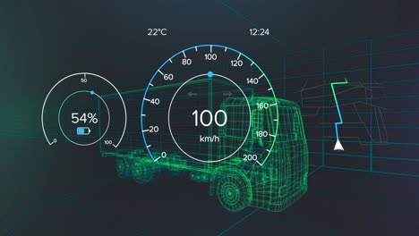 Animation of car interface over digital lorry model on black background