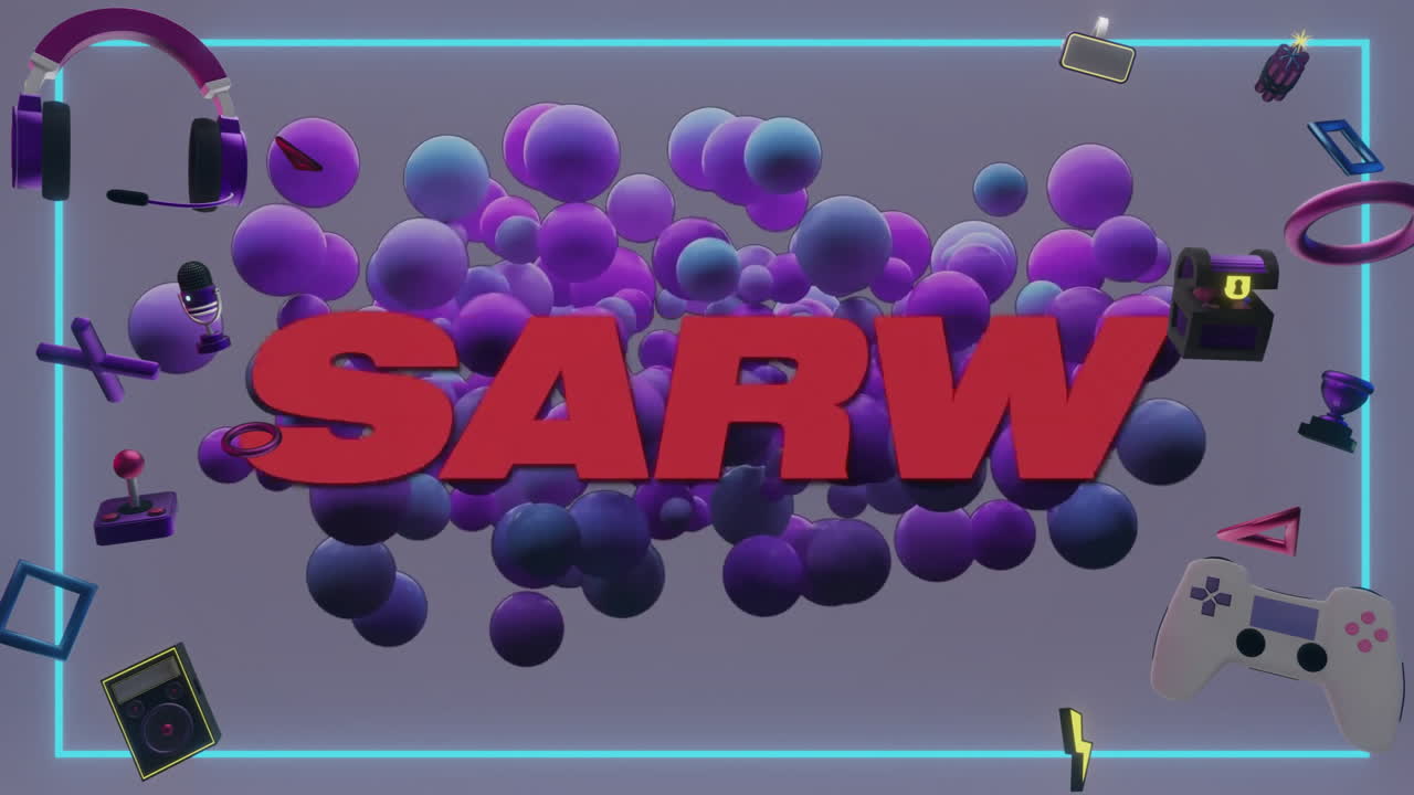 animación de texto de venta sobre esferas púrpuras flotantes y aparatos electrónicos