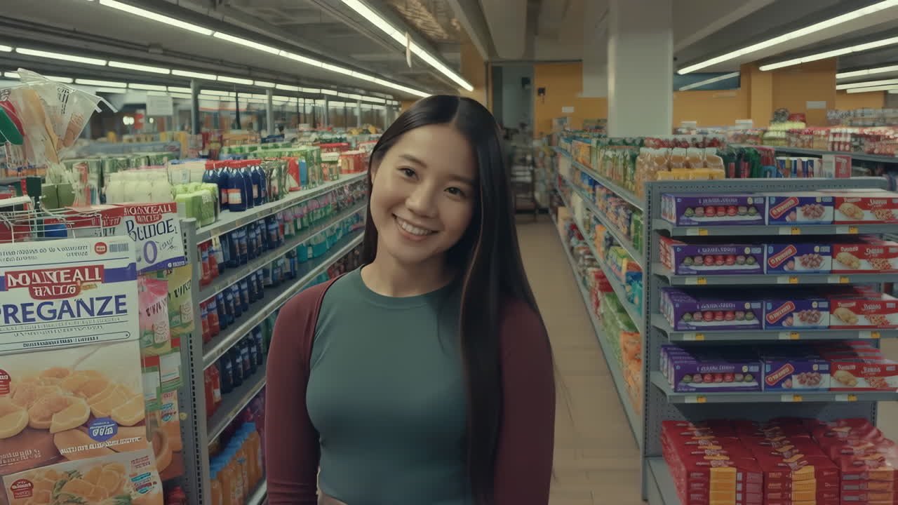 Smiling woman in a supermarket aisle