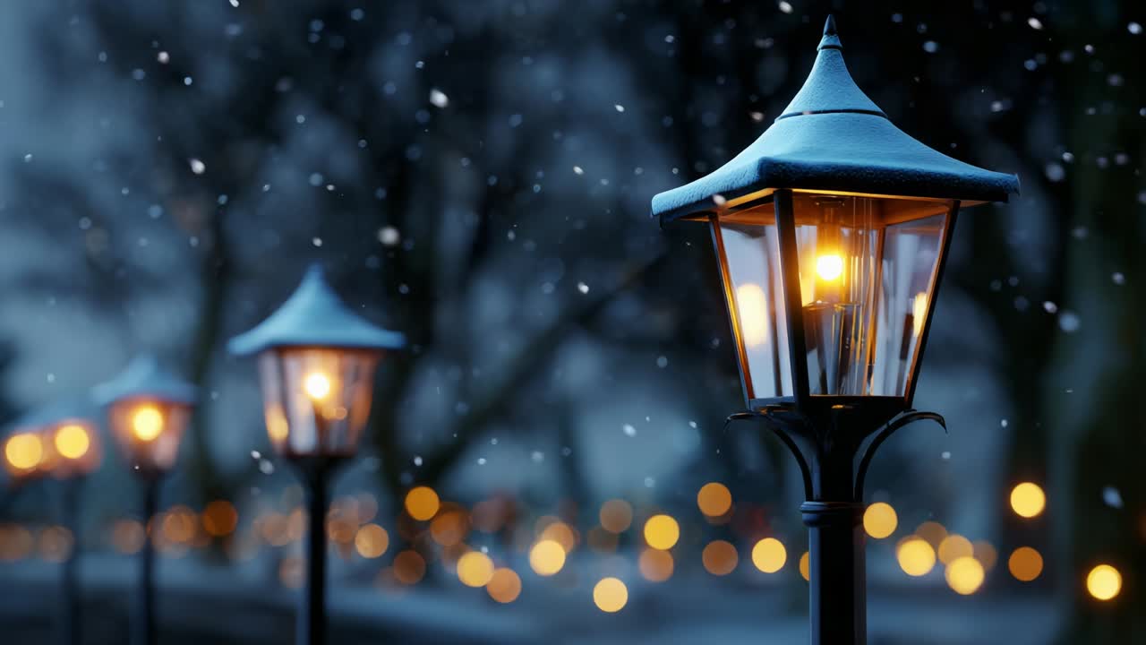 A serene winter evening showcasing vibrant street lamps glowing against a backdrop of softly falling snow, creating a magical atmosphere in a beautifully lit outdoor space during the night