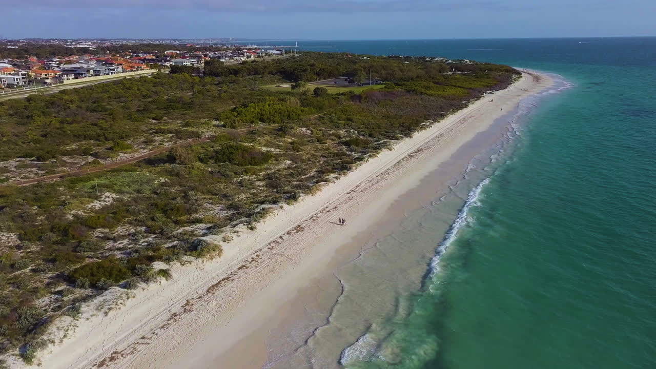 Aerial drone along Pinnaroo Point beach in Hillarys, Perth
