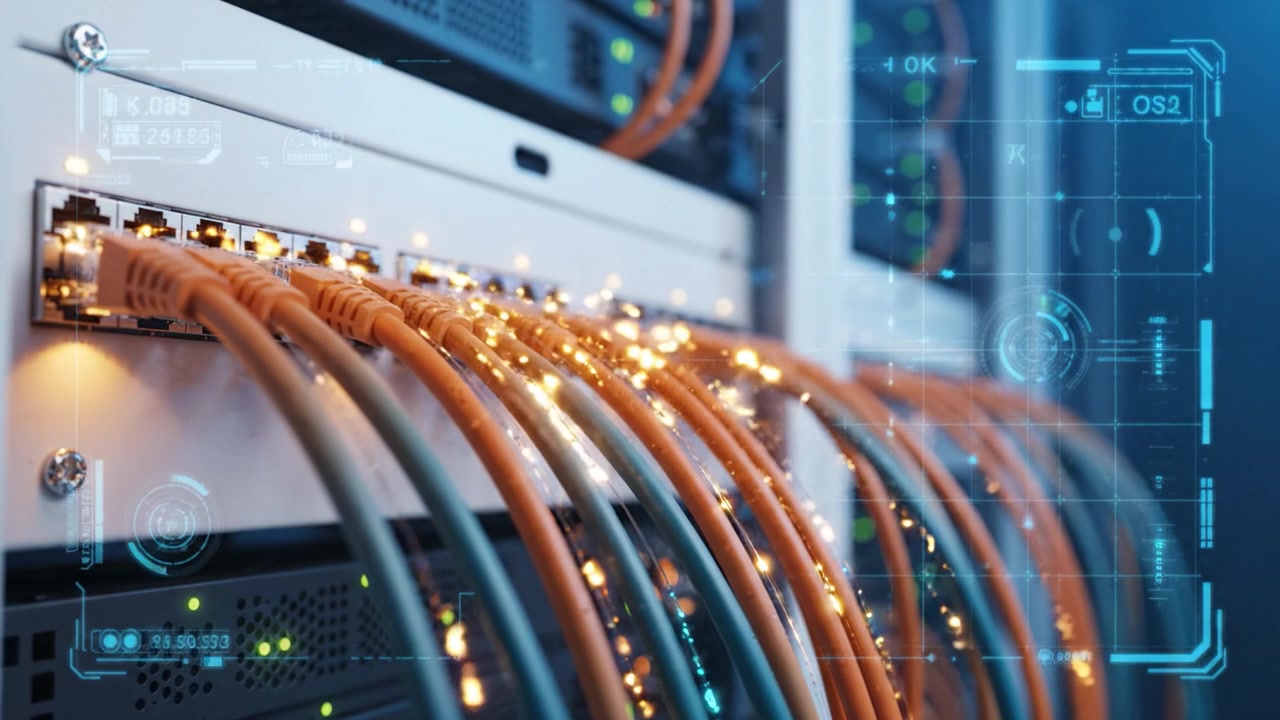 A Detailed Look at Network Cables and Connections Highlighting Technology in a Server Room with Advanced Digital Interface and Infrastructure Features.