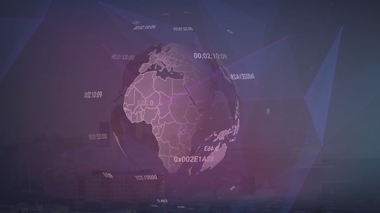 Animation of changing numbers around globe with connected dots over abstract background