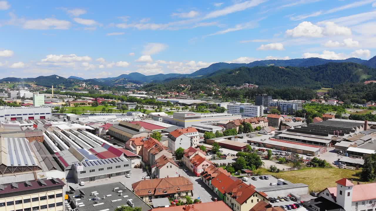 Industrial Factory and Residential Buildings In Centre Of Celje, Slovenia. Aerial Drone