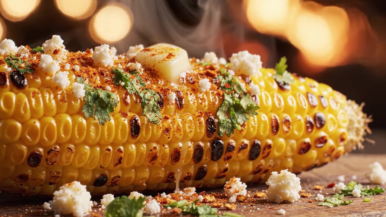 Milho na espiga deliciosamente grelhado, coberto com manteiga derretida, queijo Cotija, especiarias e coentro fresco para uma experiência perfeita de lanche de verão.