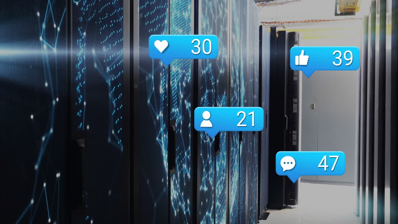Animation of digital icons floating over data servers in technology environment