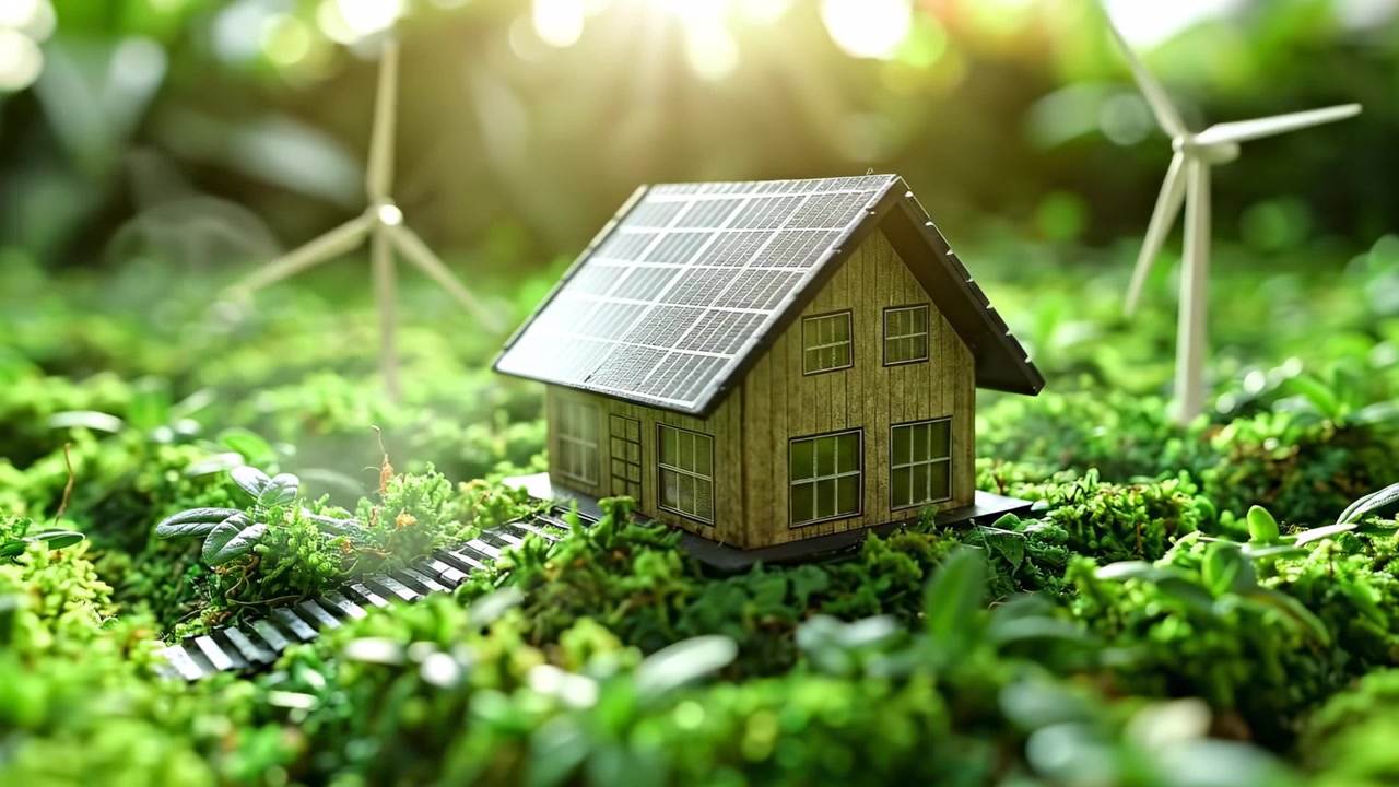 Modellino di casa in miniatura con pannelli solari e turbine eoliche. Modellino in scala ridotta di una casa ecologica con pannelli solari su terreno muschioso, turbine eoliche sfocate sullo sfondo