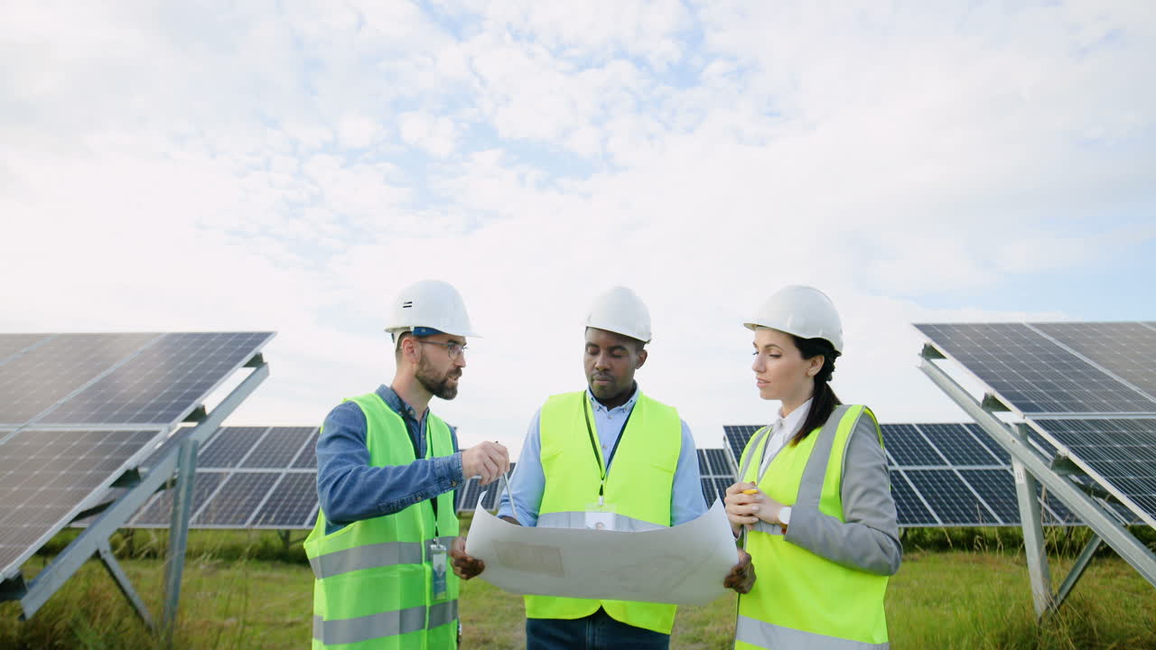 Camera zooming on three multiethnics farm solar engineers talking while looking at blueprint on solar plantation