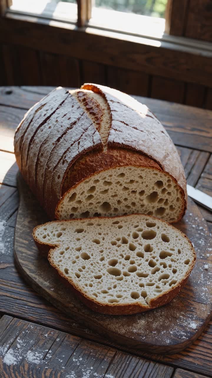 Rustic sourdough bread on a wooden table, captured in a warm, natural light