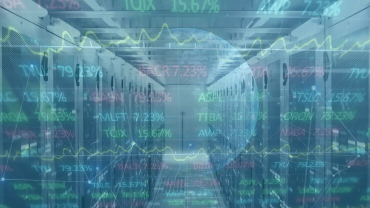 Animation of statistics and data processing and globe spinning over an empty locker room