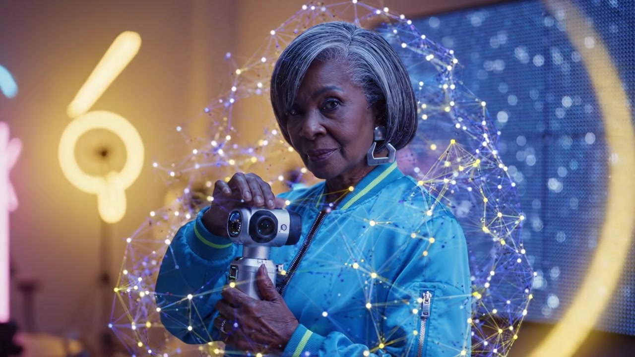 An Inspiring Woman Poses Confidently with a Stylish Camera in a Beautifully Lit Space Emphasizing Creativity and Modern Technology