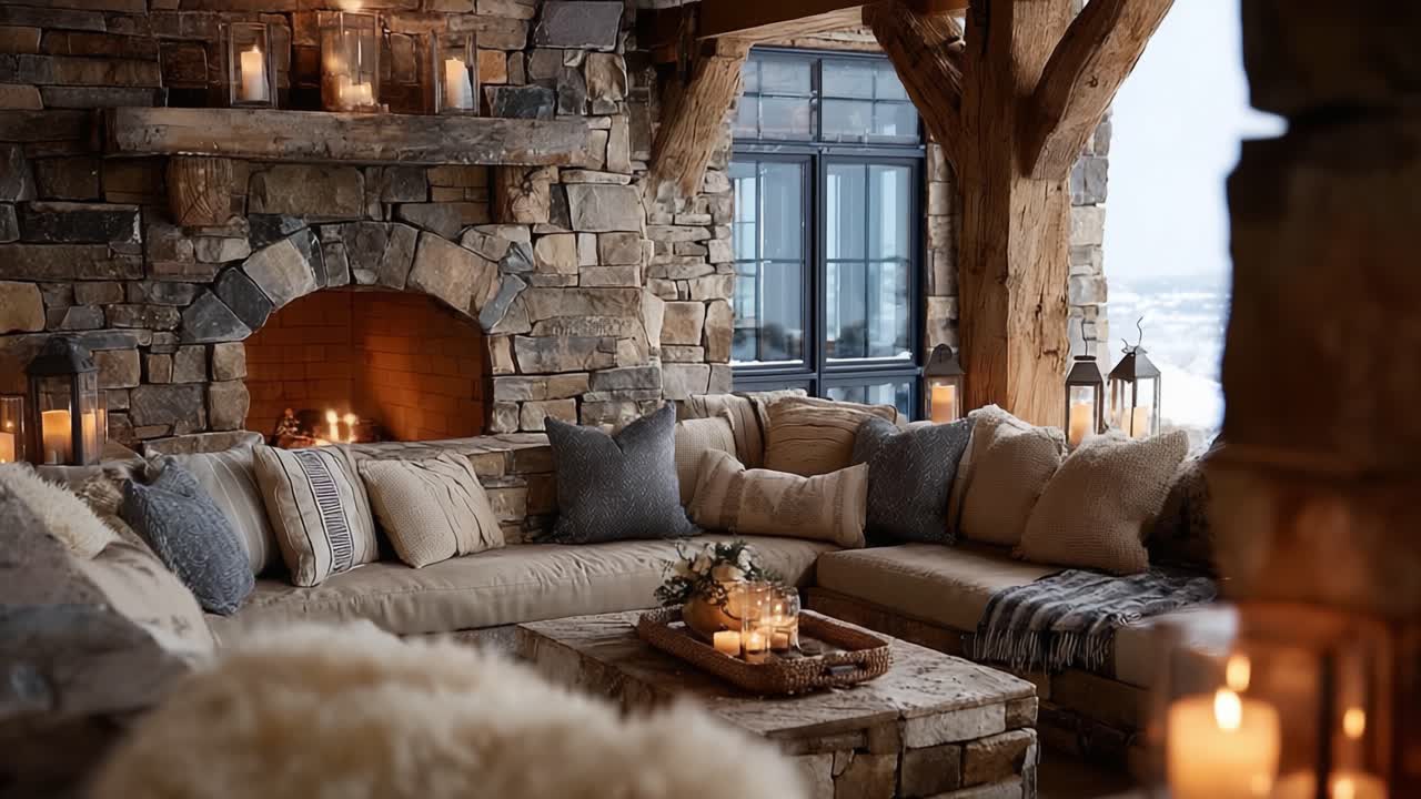 Accogliente e invitante area lounge esterna con caminetto in pietra, sedute confortevoli e un'atmosfera calda creata dal bagliore tremolante delle candele, in una splendida cornice invernale.