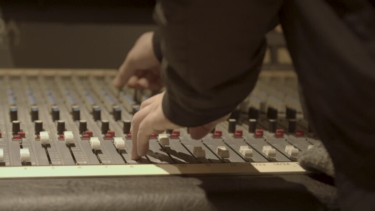 Studio di registrazione - Slow motion (60 fps) di un banco di missaggio vintage con un tecnico che regola l'equalizzazione