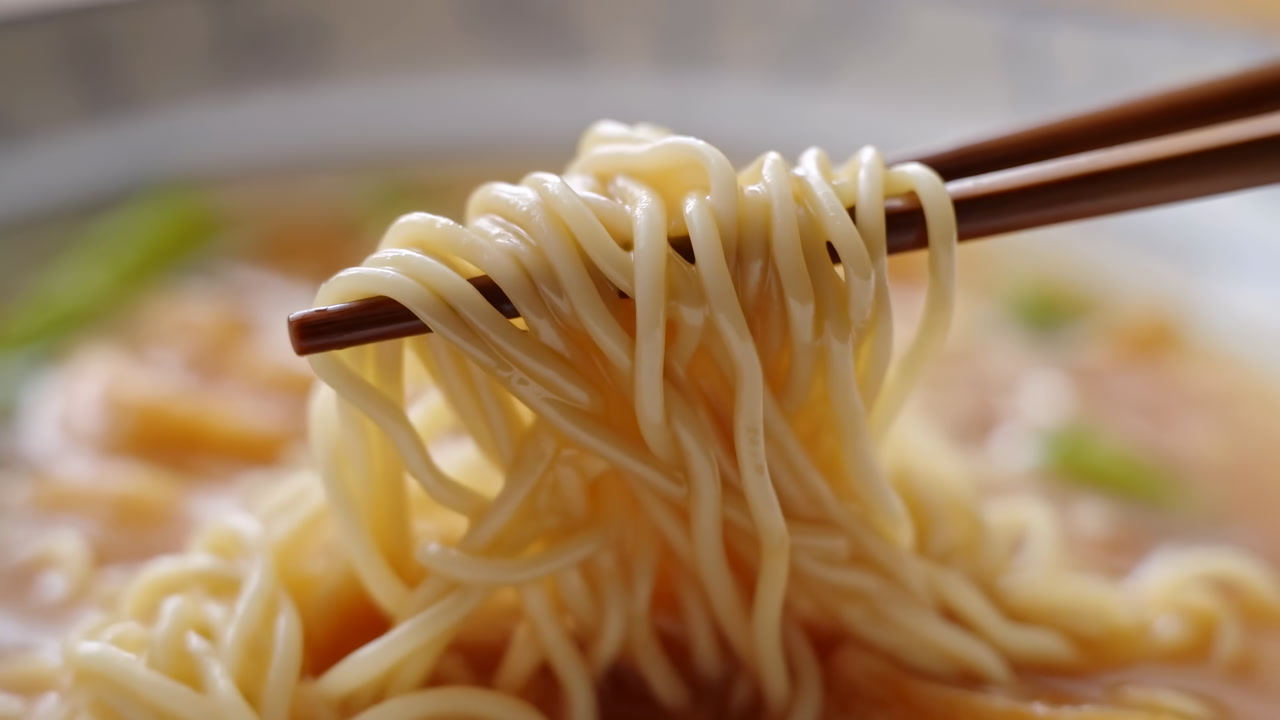 Close-up of Chopsticks Lifting Ramen Noodles from Hot Soup