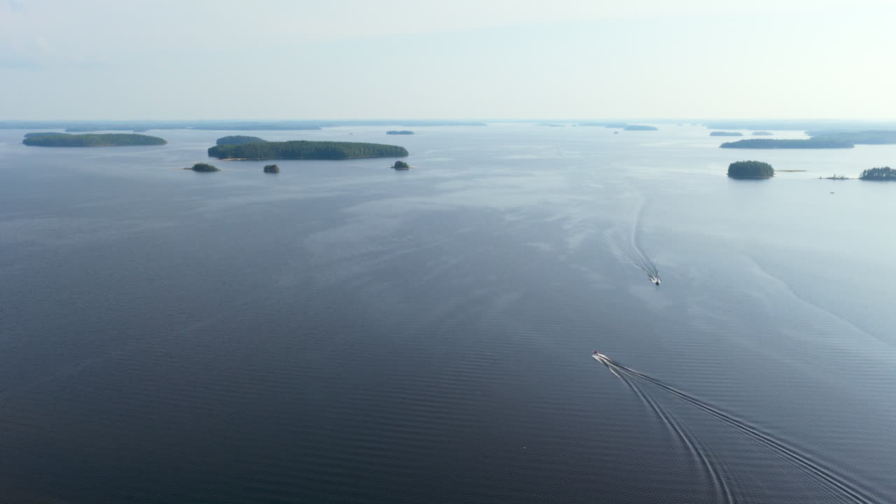 Aerial view of boats on the Rauvitsanselka of lake Saimaa, summer in Finland