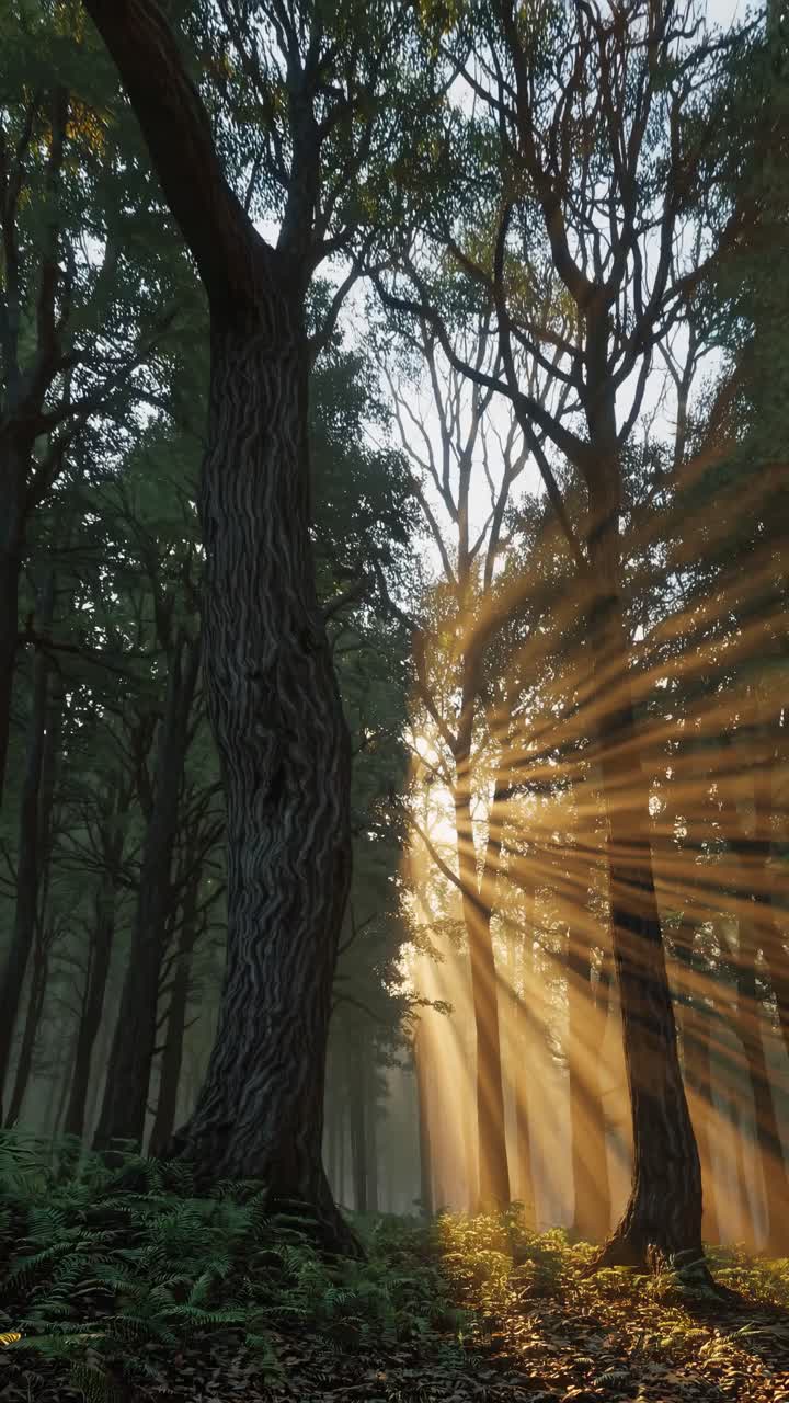 Sunlight streams through tall forest trees, creating a serene, mystical atmosphere