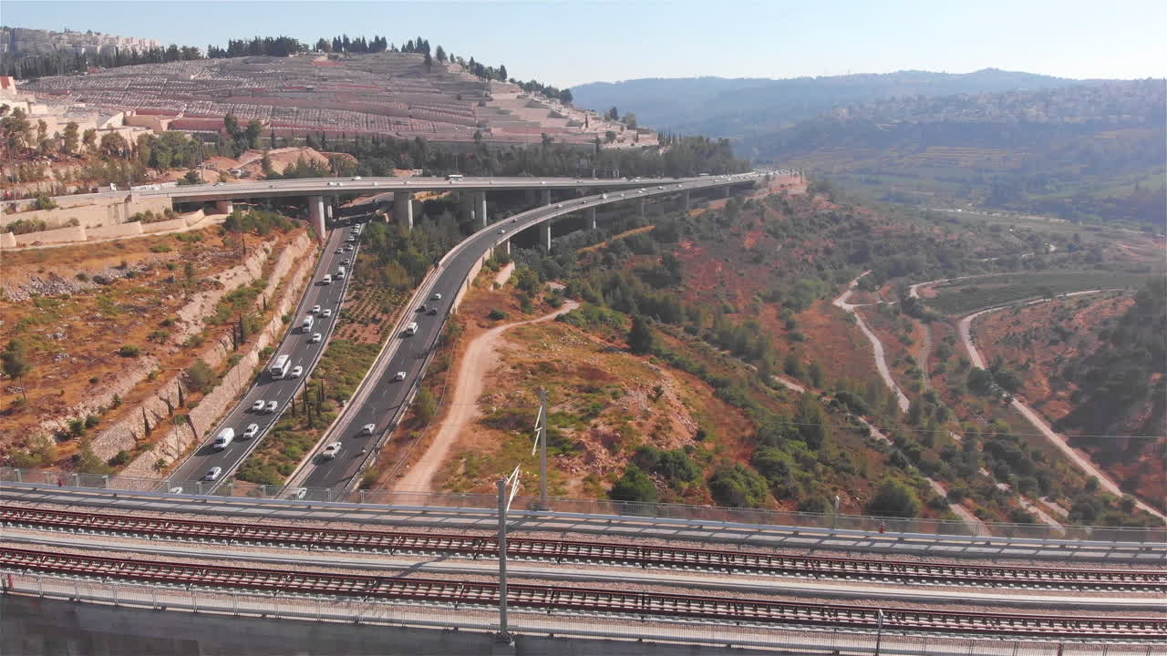Large Railway bridge with cars traffic Aerial view