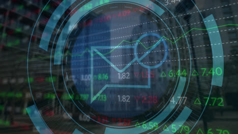 Animación-Del-Icono-De-Bloque-De-Mensajes-Y-Procesamiento-De-Datos-Del-Mercado-De-Valores-Frente-A-La-Vista-De-Edificios-Altos