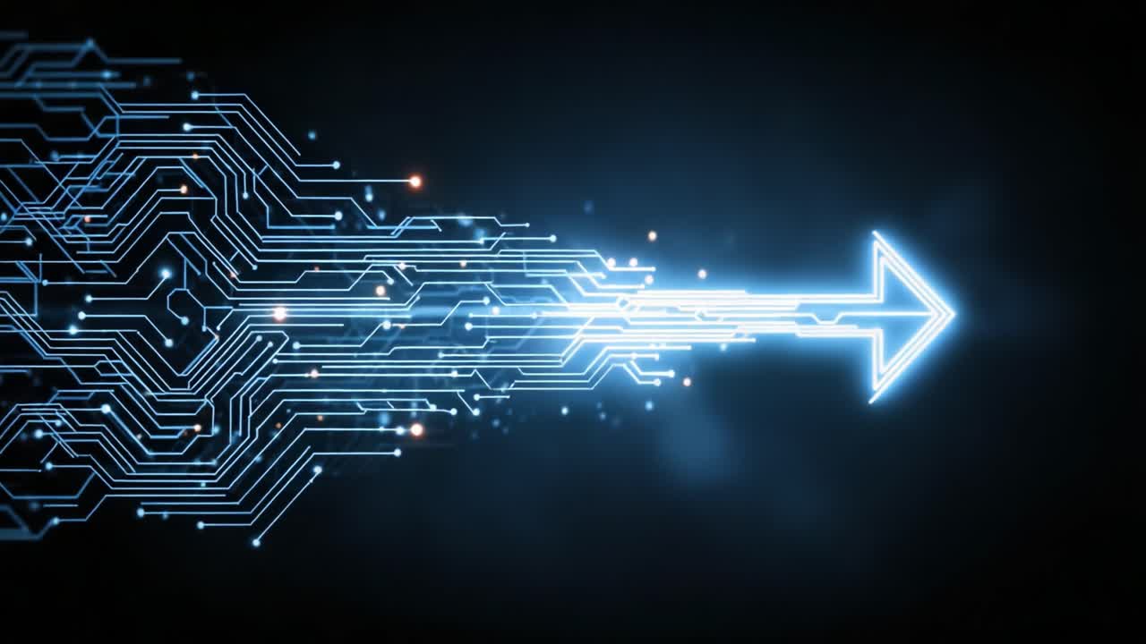 A Dynamic Visual Representation of Technology and Connectivity, Featuring a Futuristic Arrow Created from Circuit Patterns and Illuminated with Luminous Blue Lights Against a Dark Background