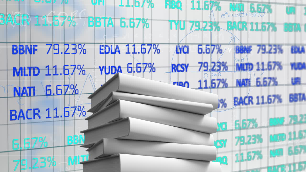 Animation of financial data and stock market percentages with books stacked nearby