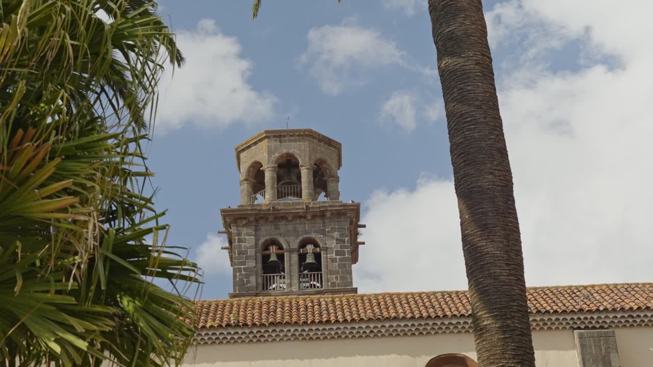 Stable view, palm trees in front and tower bell of Iglesia de la Concepci&oacute;n church