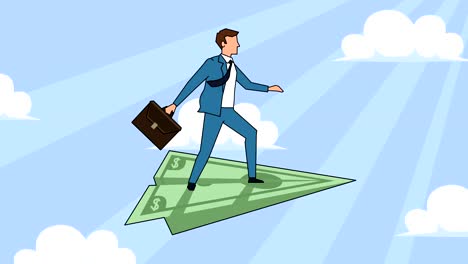 flat cartoon businessman character with case bag flying on dollar paper airplane animation