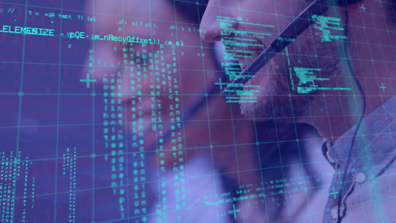 animación del procesamiento de datos sobre diversas personas de negocios que usan auriculares telefónicos