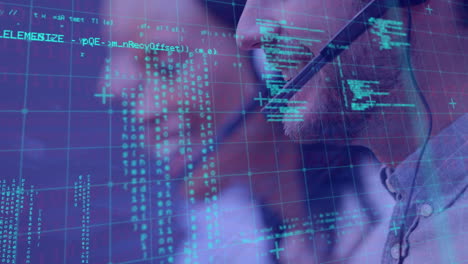 Animation of data processing over diverse business people wearing phone headsets