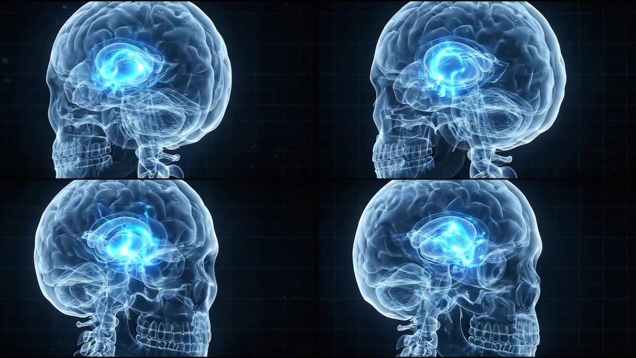 Múltiplas visualizações de exames cerebrais dispostas em display neurológico futurista