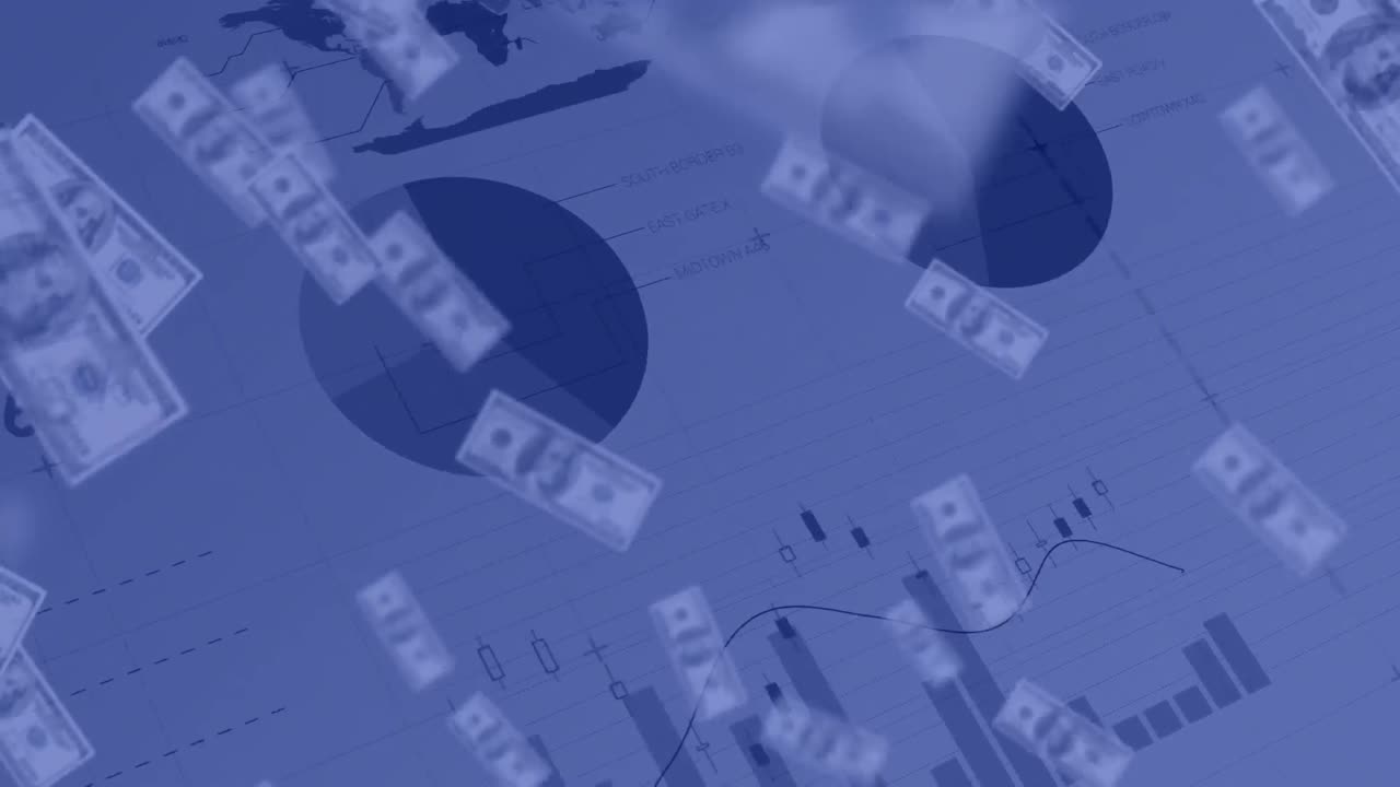 금융 데이터 처리를 통해 떨어지는 미국 달러 지폐의 애니메이션