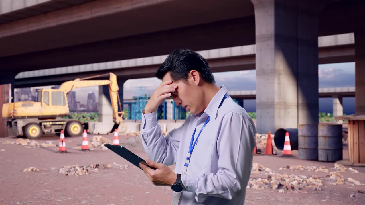 高速道路建設現場でタブレットを持ち、失望した様子でうなずきながら確認しているアジア人男性プロの作業員のサイドビュー