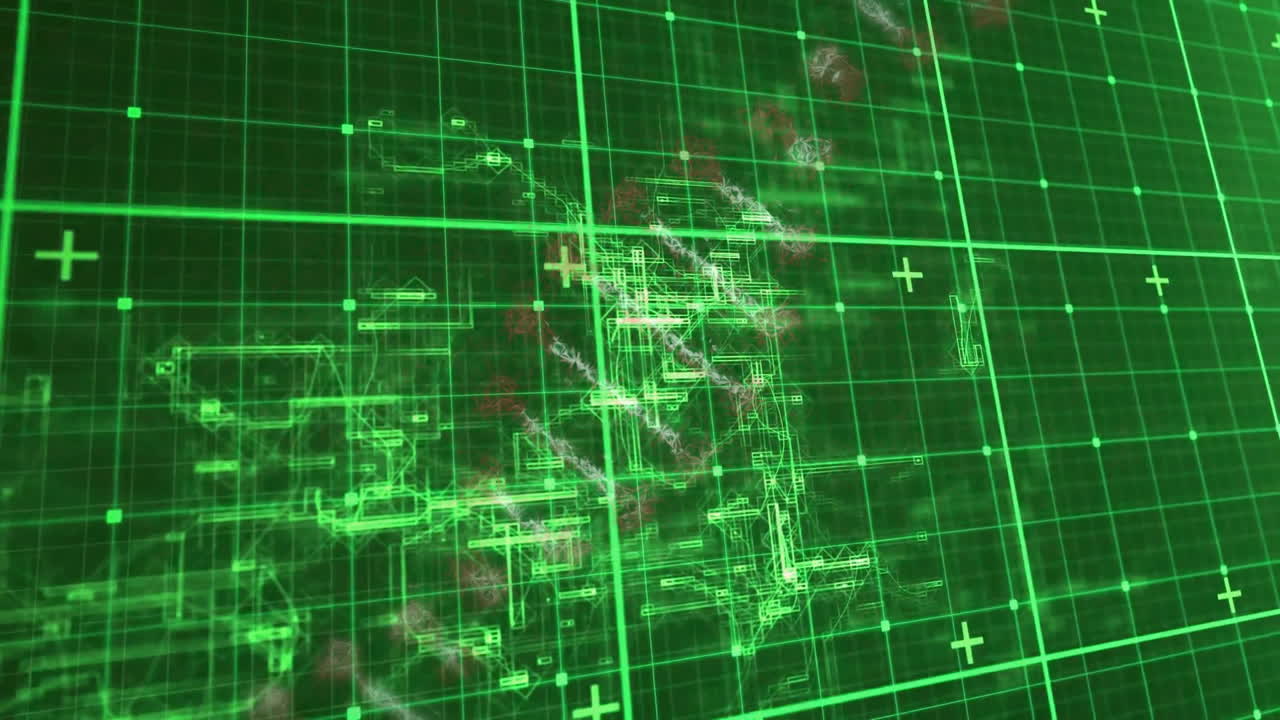 Animation of futuristic digital grid with glowing green lines and abstract patterns