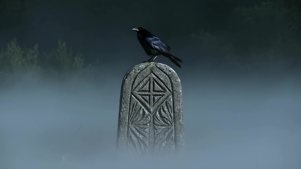 Corvo scuro appollaiato che gira la testa su una pietra intagliata in un campo nebbioso, osservando la linea degli alberi mentre la nebbia si sposta.