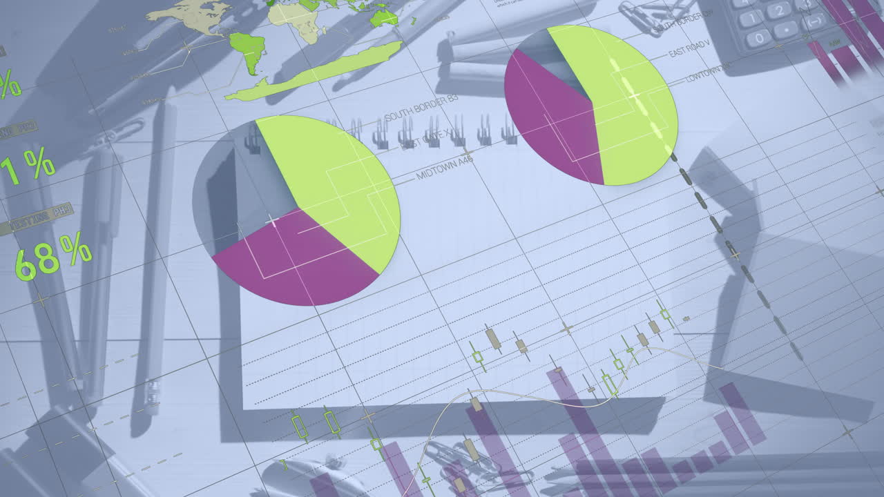 Animation of financial data processing over notebook and items on desk