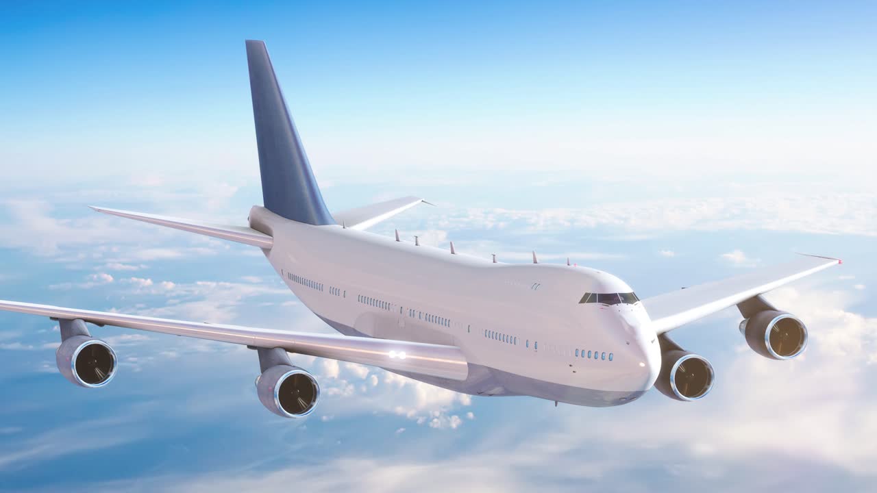 Airplane flying above clouds and beautiful blue sky in sunlight, travel trip with airplane, aerial view of flying aeroplane background.