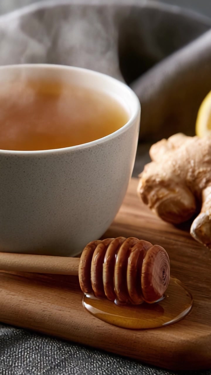Una tazza calda di tè allo zenzero con miele e limone: una bevanda confortante per energia e benessere, perfetta per il relax e la guarigione naturale.