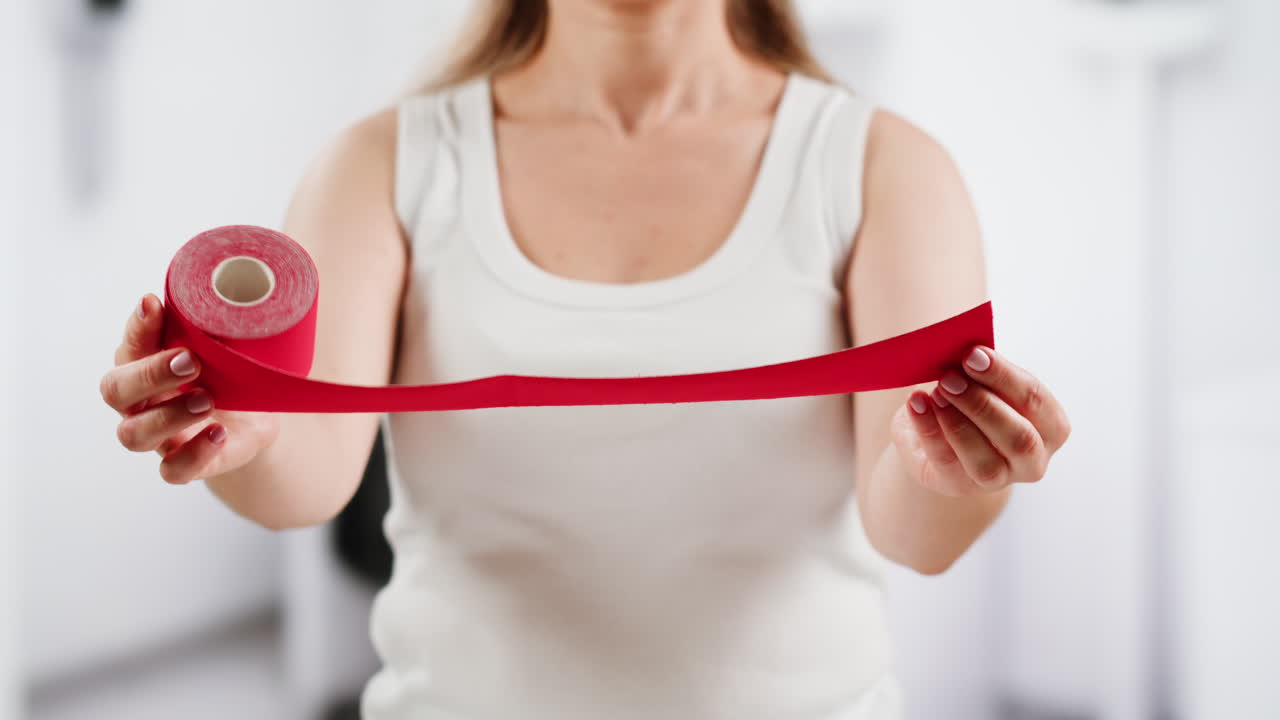 Kinesiology medical taping, doctor Physical therapist applying elastic surgical tape to patient body, treating injured knee young athlete.Post traumatic rehabilitation, sport physical therapy recovery