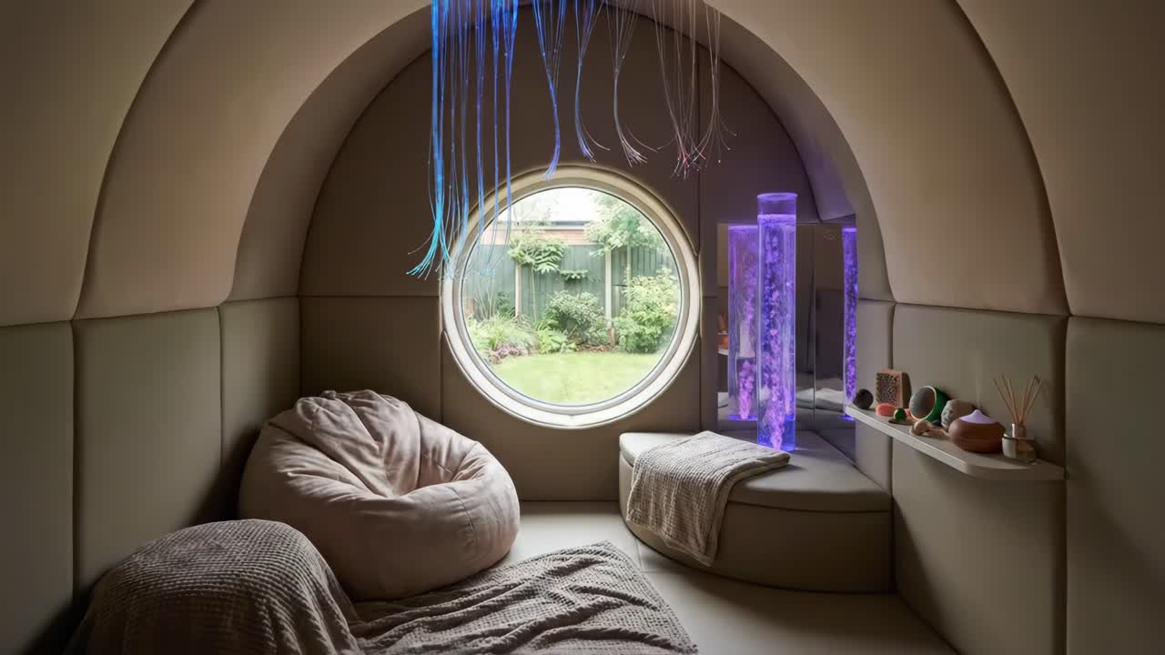 Relaxing Sensory Pod with Bubble Tubes and Circular Garden View