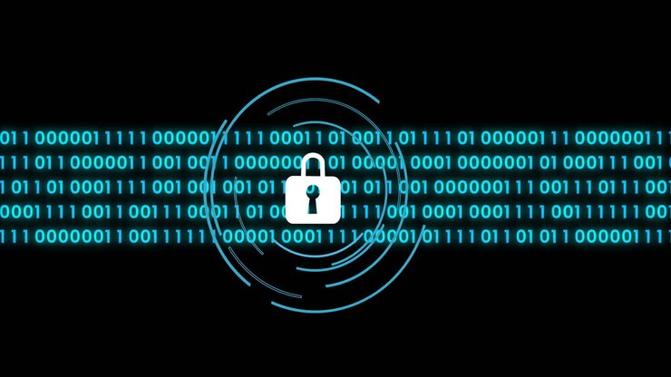 Animation of data processing over padlock icon and scope scanning