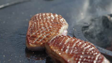 revealing shot of golden brown seared steaks cooking on an open fire bbq