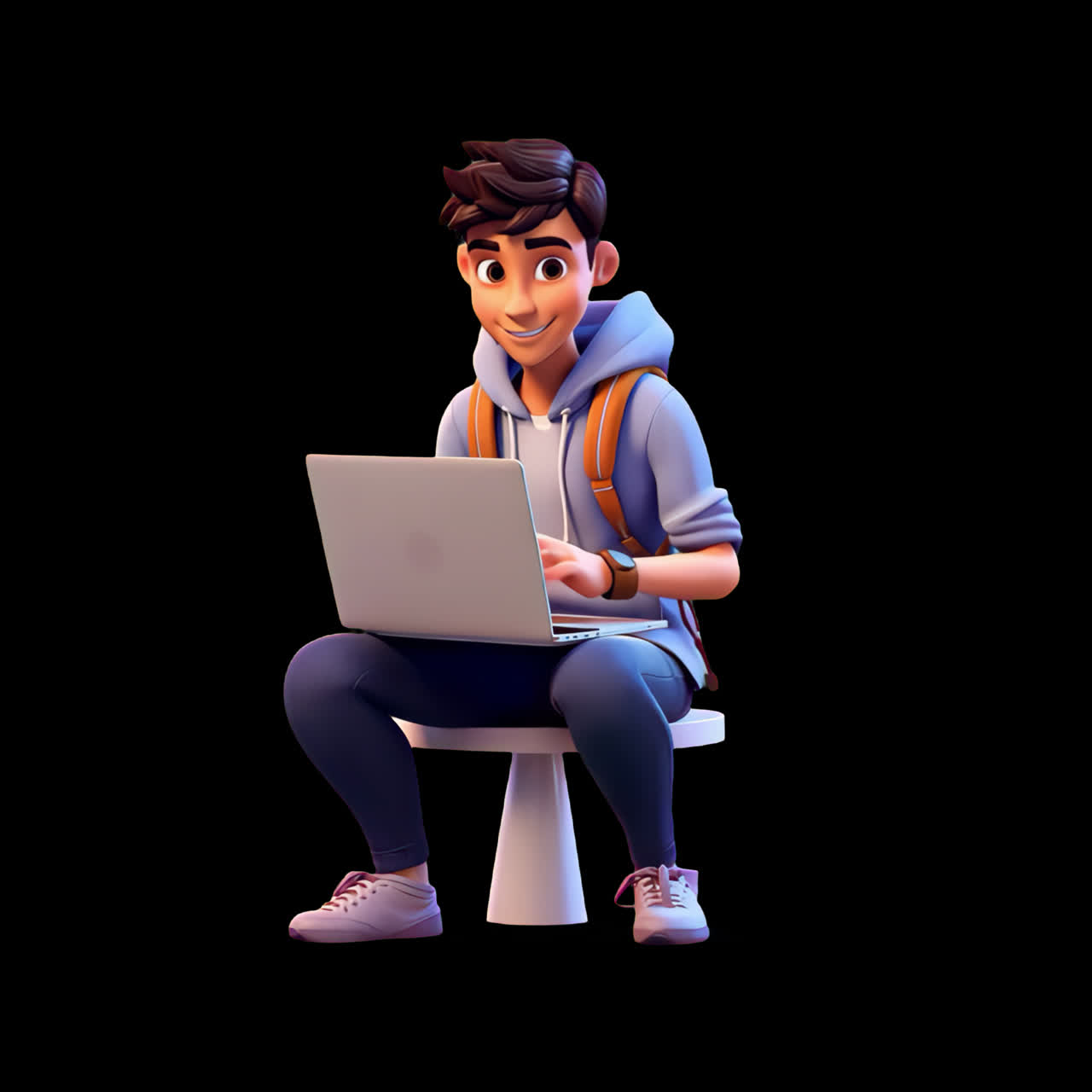 Animated student using laptop animation isolated asset, transparent 4K video, alpha channel, ProRes