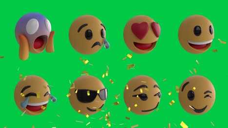 Animation-Von-Emojis-Symbolen-über-Konfetti,-Die-Auf-Grünen-Hintergrund-Fallen